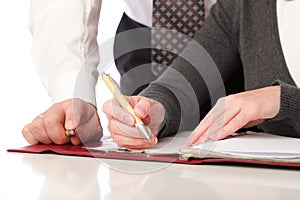 Woman and man write pen on paper Isolated