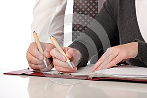 Woman and man write pen on paper Isolated