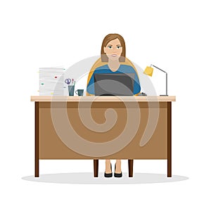 Woman Manager at the Desk with a pile of papers.