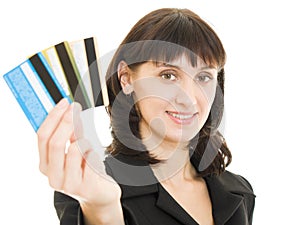 Woman with many different credit cards