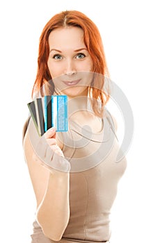 Woman with many different credit cards.