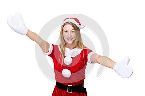 Woman with x mas costume with open arm for welcoming you