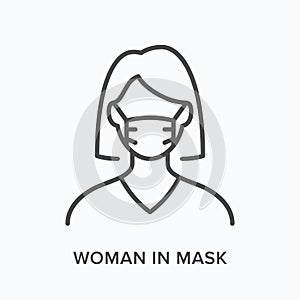 Woman in mask flat line icon. Vector outline illustration of female. Black thin linear pictogram young person