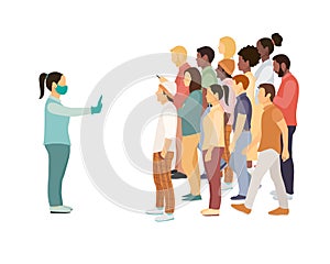 Woman in a mask and gloves leaves the crowd without masks, urges her to behave safely and keep distance. plane vector illustration