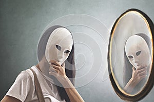 Woman with mask looks in the mirror to see if she knows herself