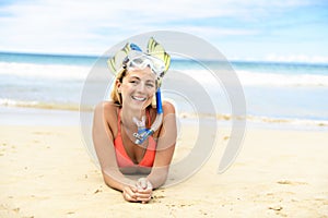 Woman with mask and palm for snorkling at the seaside