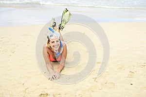 Woman with mask and palm for snorkling at the seaside