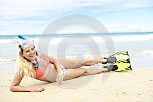 Woman with mask and palm for snorkling at the seaside