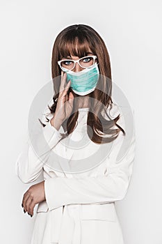 Woman in mask. Virus and smog concept. Corona virus outbreaking. Epidemic virus Respiratory Syndrome.