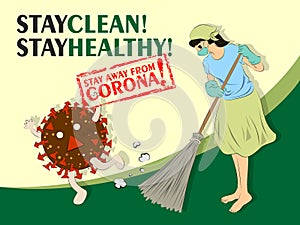 Woman in masker sweeping and cleaning the house with broom to stay away from Corona Virus Covid19 vector clip art