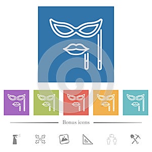 Woman masquerade mask with stick outline flat white icons in square backgrounds