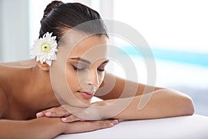 Woman, massage and organic treatment for relaxing, wellness and beauty therapy for body care. Female person, calm and
