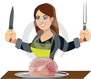 Woman massaia cook with fork and knife and ham photo