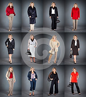 Woman at a mature age in different clothes