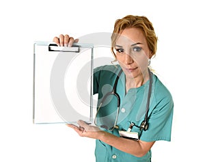 Woman md emergency doctor or nurse holding and showing blank copy space billboard folder