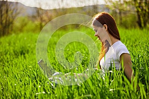 woman on the meadow relaxing and using a laptop