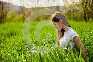 woman on the meadow relaxing and using a laptop