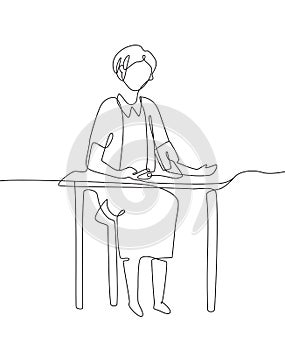 Woman measures blood pressure - one line design style illustration
