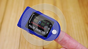 Woman Measures Pulse and Oxygen Saturation Using a Pulse Oximeter at Home