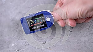 Woman Measures Pulse and Oxygen Saturation Using a Pulse Oximeter at Home