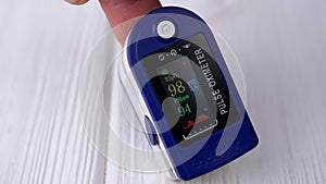 Woman Measures Pulse and Oxygen Saturation Using a Pulse Oximeter at Home