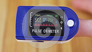 Woman Measures Pulse and Oxygen Saturation Using a Pulse Oximeter at Home