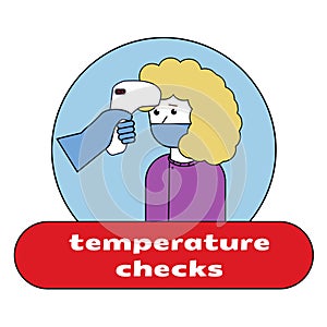 Woman measuring body temperature and wearing a face mask, COVID-19 illustration. Temperature check