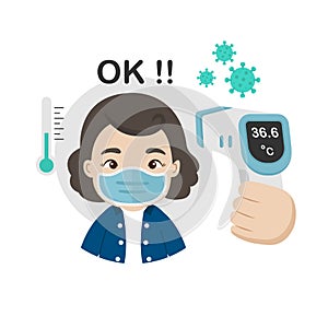 Woman measuring body temperature and wearing a face mask vector illustration