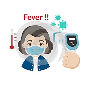 Woman measuring body temperature and wearing a face mask vector illustration