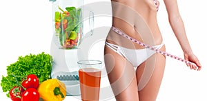 Woman measuring her body with a measure tape. Diet concept, fresh vegetables