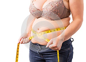 Woman measuring her fat belly