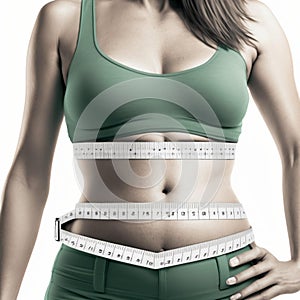 Woman measuring her waist with a tape measure on a white background