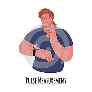 Woman measuring pulse with a watch and finger on the neck.Measure the heart rhythm.Vector flat illustration.