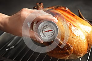 Woman measuring temperature of whole roasted turkey with meat thermometer