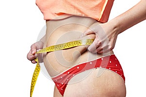 Woman measuring waist with measuring tape and showing fatty deposits