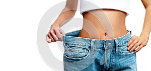 Woman is measuring waist after weight loss,. Diet concept