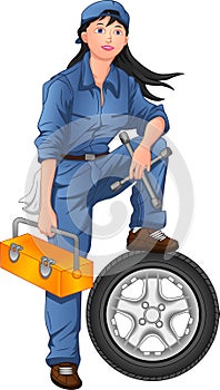 Woman mechanic posing with tires and tool box