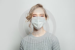 Woman in medical face mask on white background. Woman in medical mack. Flu epidemic and virus protection concept photo