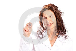 Woman in medical gown writing in the air