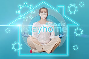 Woman in medical mask and gloves levitates and relaxing in lotus pose inside symbol of house that protects from viruses.