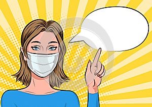 Woman in medical mask pointing on speech bubble for your message, pop art comics style illustration
