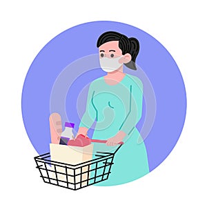 Woman in medical mask with shopping cart full of groceries vector illustration