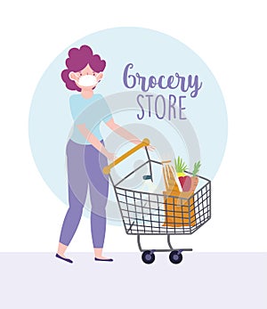 Woman with medical mask and shopping cart market, food delivery in grocery store