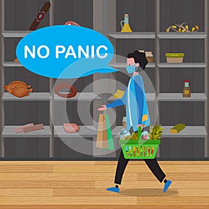 Woman in medical protective mask doing shopping in Supermarket with shopping basket. Vector illustration.