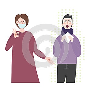 Woman with medicine health care mask and man with runny nose and sneezing. The use of face masks to prevent the Flu.