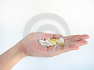 A woman with a medicine on one hand On a white background