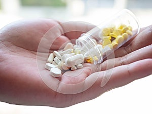 A woman with a medicine on one hand On a white background