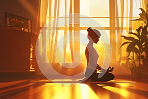 Woman meditates in lotus pose during sunrise in her home