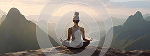 A woman meditates, practices yoga in the lotus position on the top of the mountain, Generative Ai,