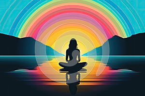 Woman Meditating on Beach with Rainbow Sunset Reflection (AI Generated)